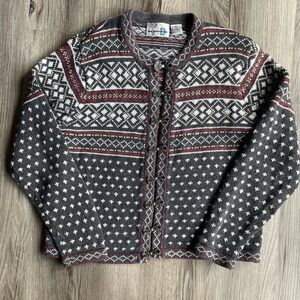 Classic Nordic-Pattern Gray & Red Cardigan Sweater